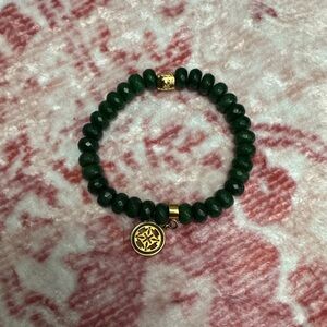 Rustic Cuff Dark Green Beaded Bracelet with Gold Charm